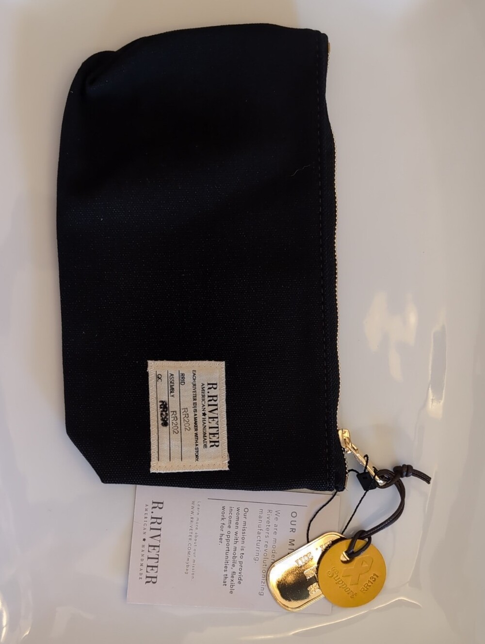 R.Riveter Black Canvas Zip Pouch with Gold Charm NWT